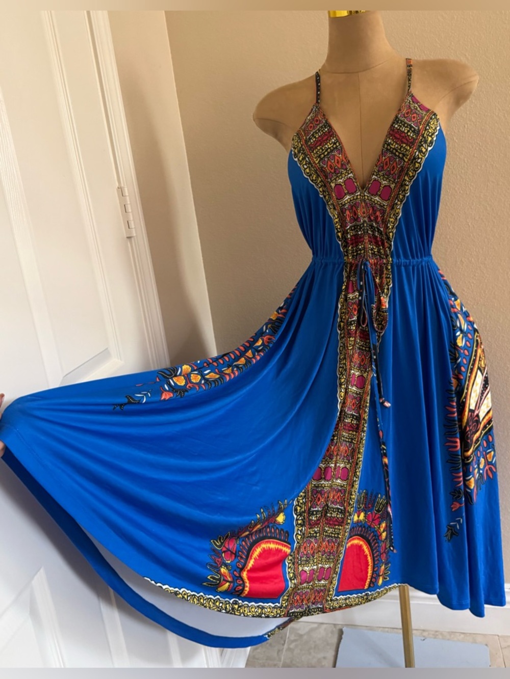VENUS Royal Blue Bohemian Midi Dress with Multicolor Trim